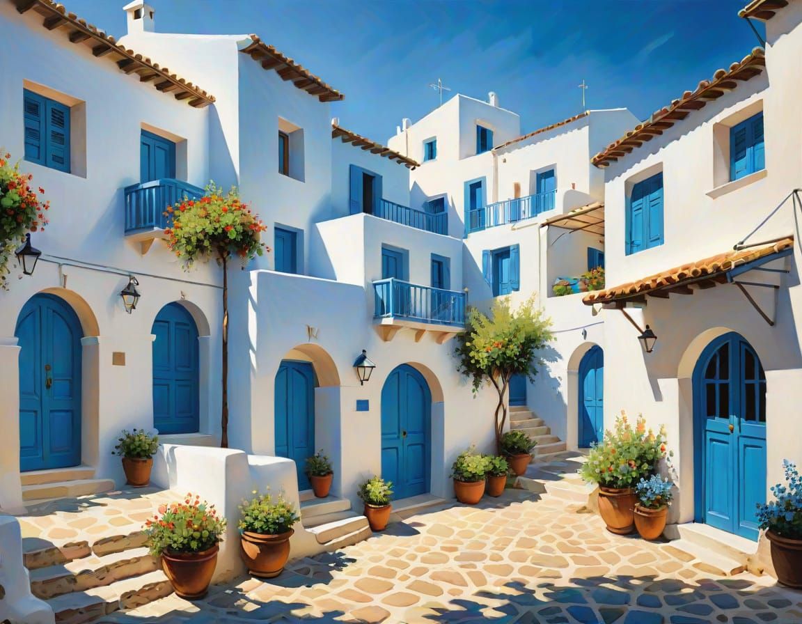 Sun-Drenched Greek Village as Impasto Painting