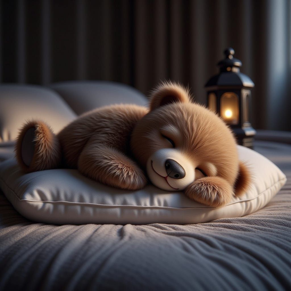 Cute Teddy Bear Sleeping with Lantern Light