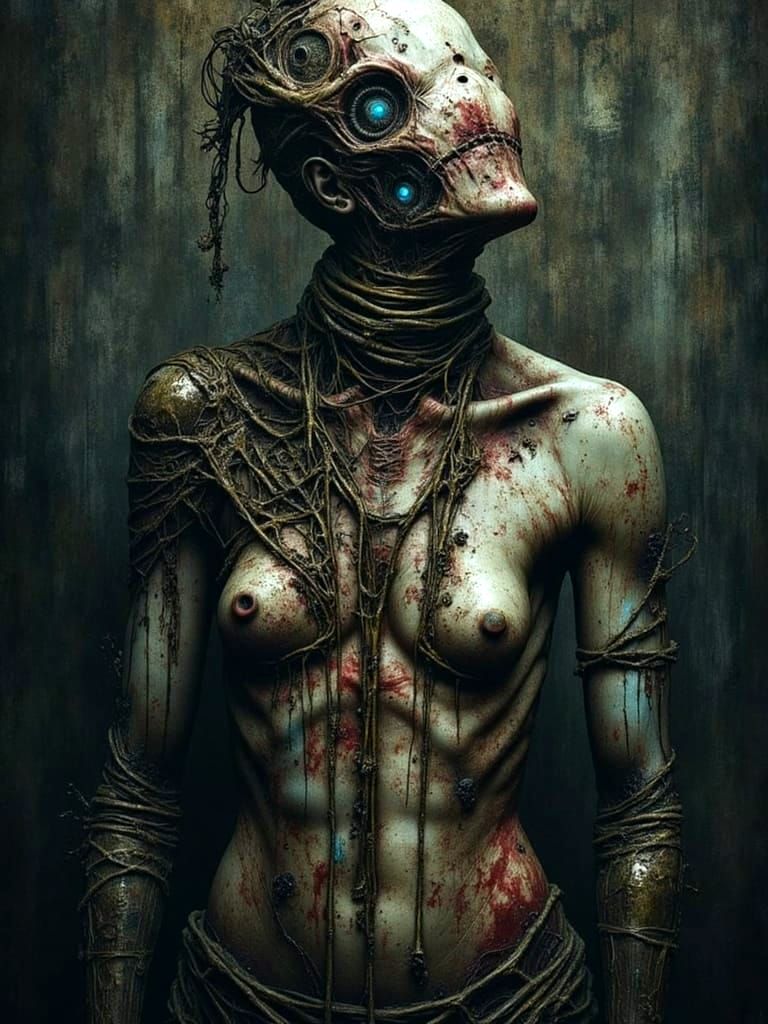 Biomechanical Woman with Brass Implants in Gothic Setting