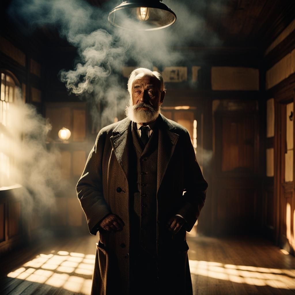 Old Doctor in Dimly Lit Room, Vintage Style