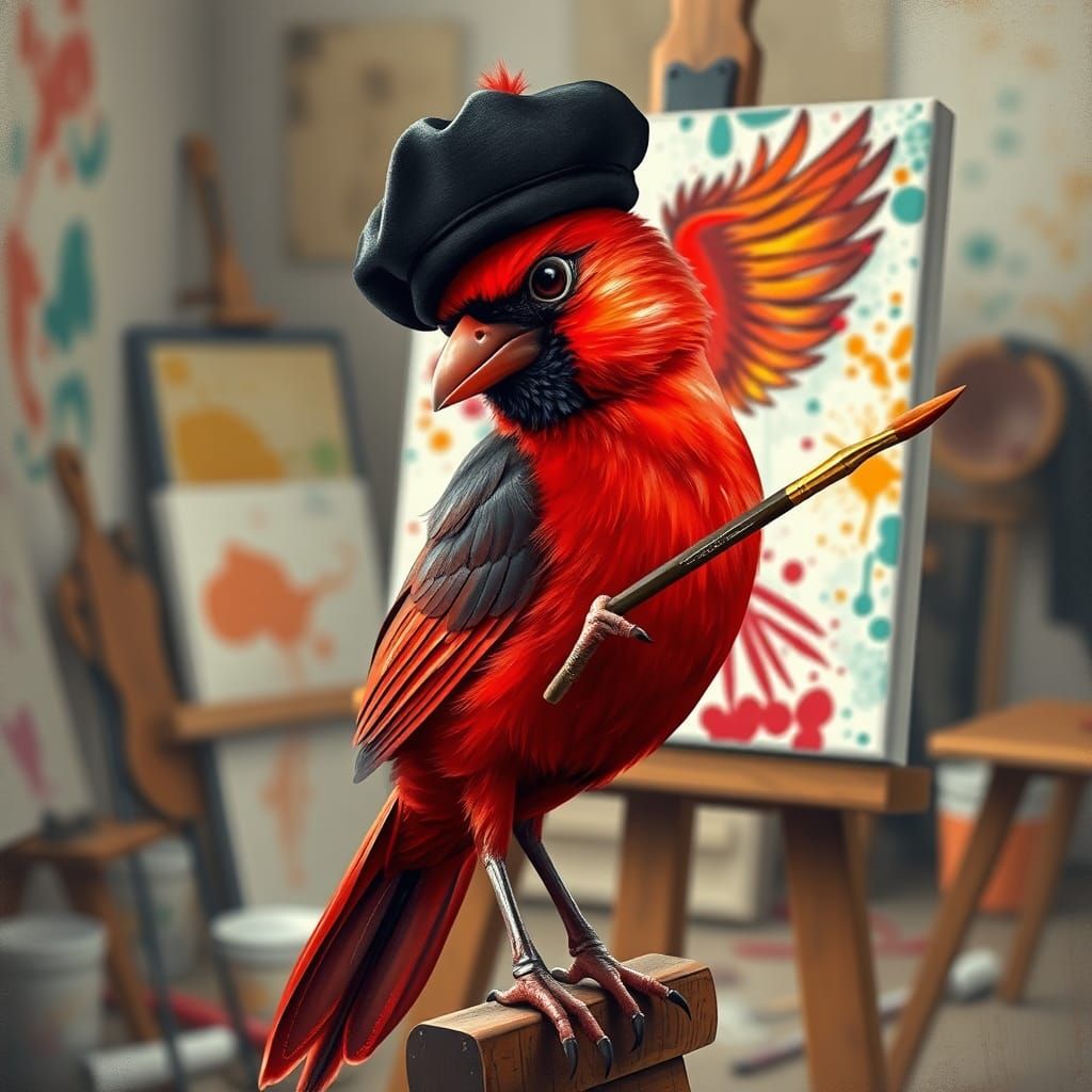 Cardinal Bird Creates Phoenix in Impressionist Studio