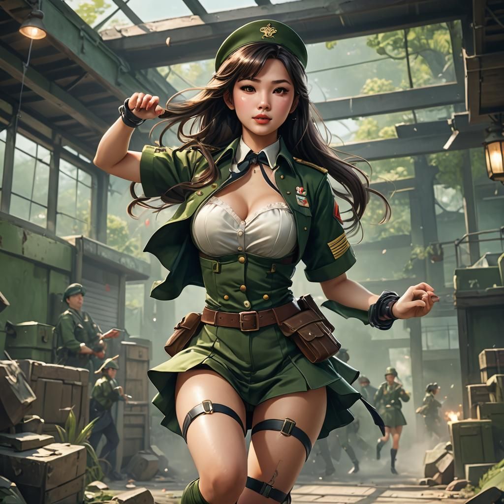 Brunette Pin-Up Dances in Green Military Uniform