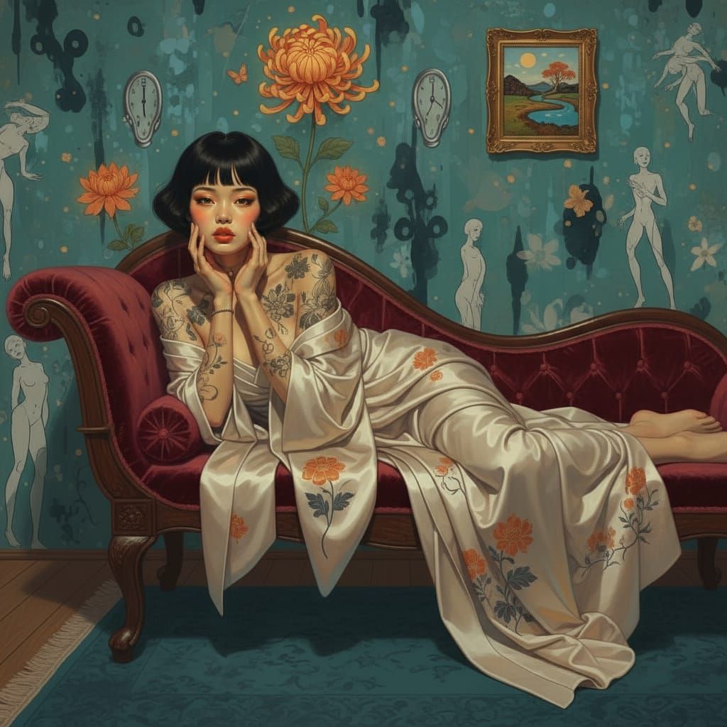 Japanese Woman in Surreal Boudoir with Melting Clocks