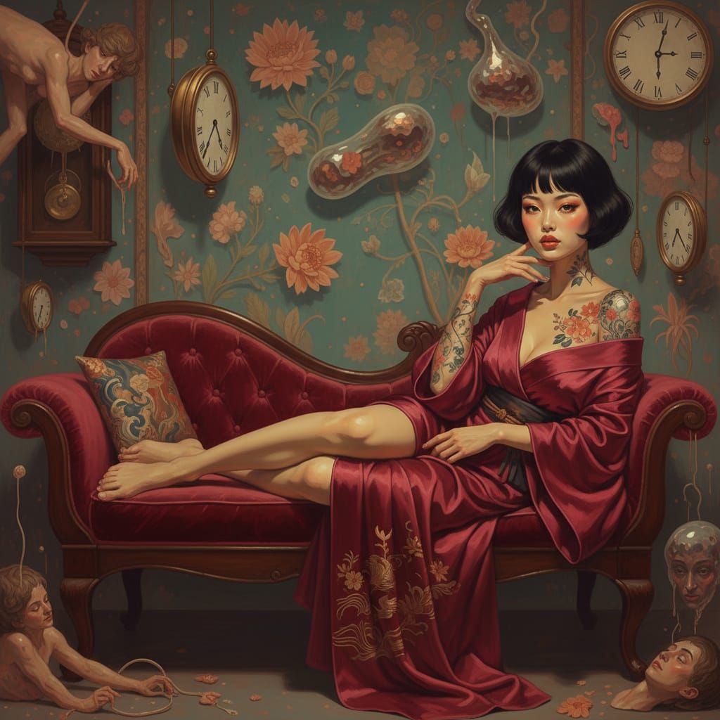 Japanese Woman in Surreal Boudoir with Melting Clocks