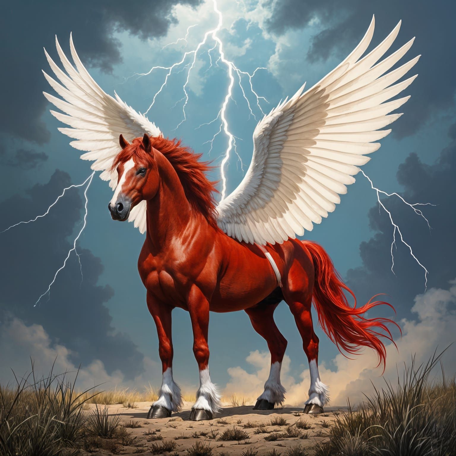 Majestic Red Stallion with White Wings and Socks