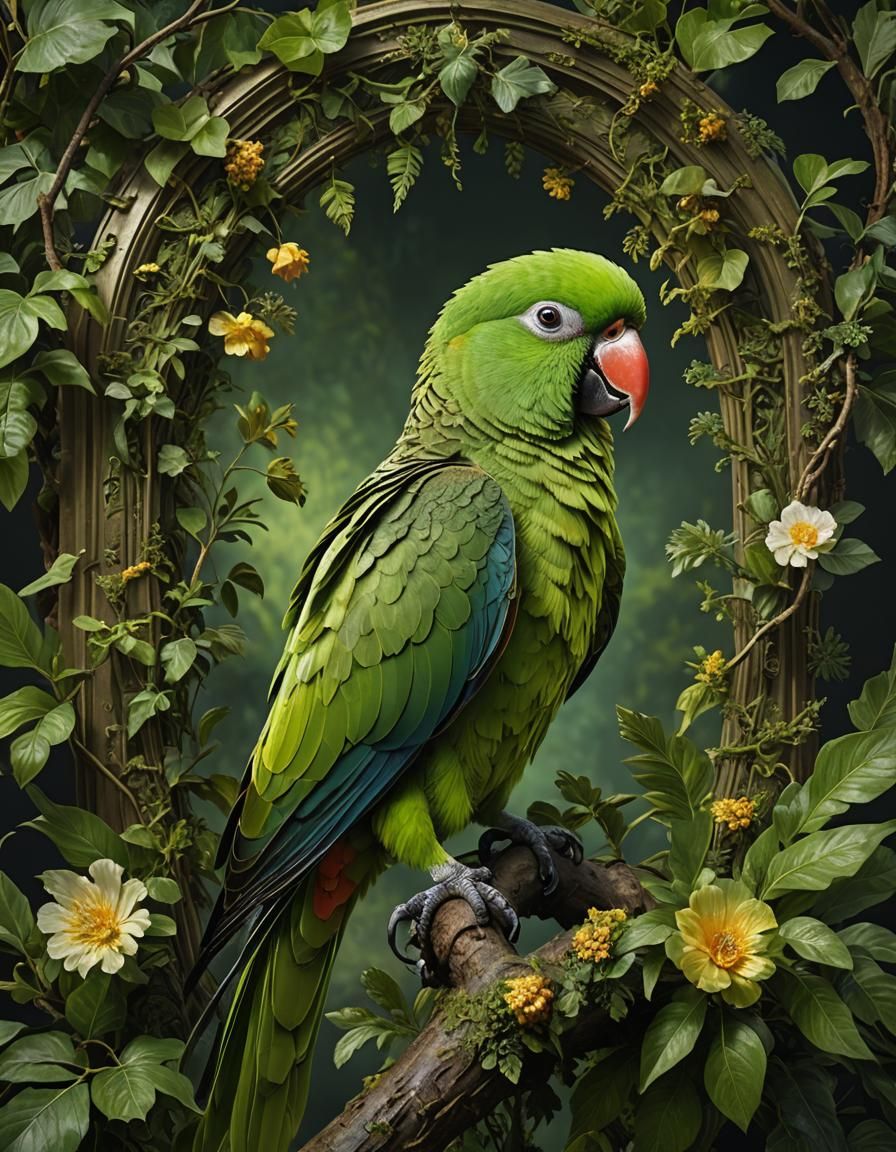 Hyperrealistic Green Parrot Mixed-Media Photography