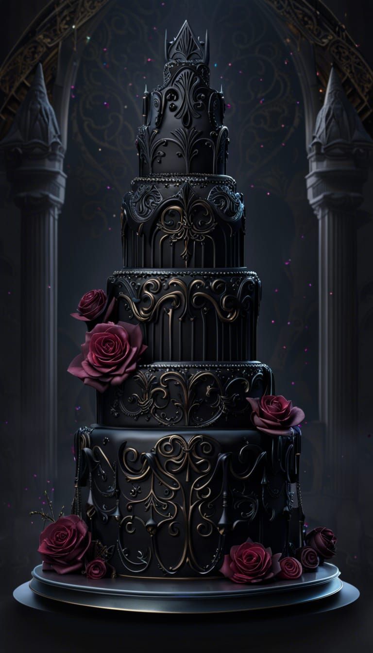 Gothic Cake with Black Roses, Detailed Fantasy Art
