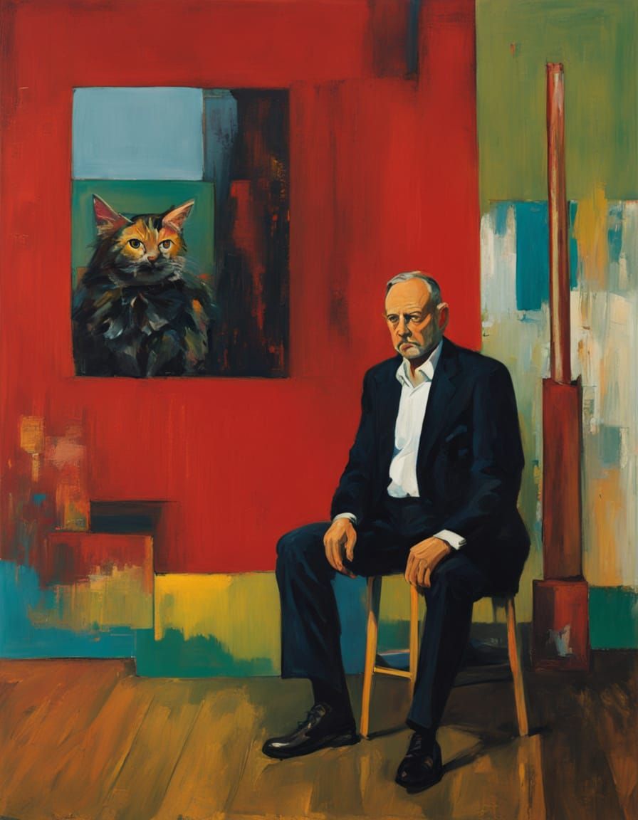 Gigantic Cat and Mechanical Bird in Abstract Oil Painting