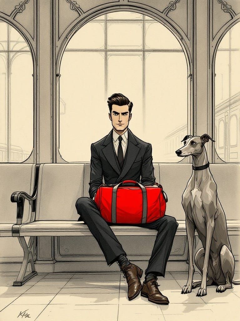 Elegant Man and Whimsical Greyhound in Vintage Train Station