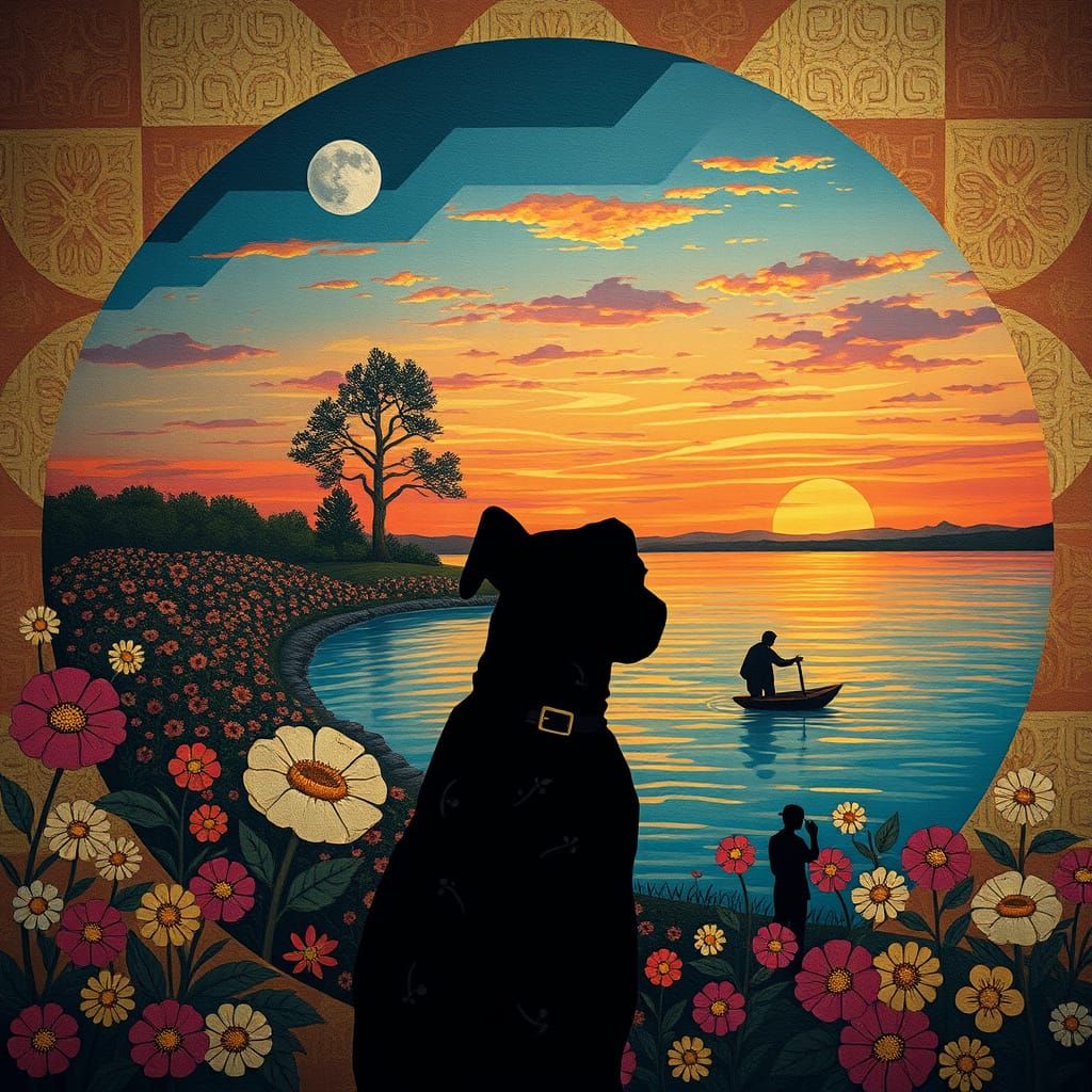 Sunset Lake Dog: Bosch, Kinkade, Toft, Haring Fusion