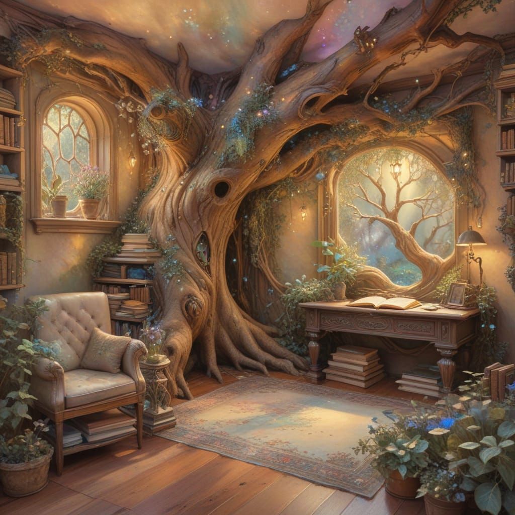 Enchanting Tree Library in Watercolor Style