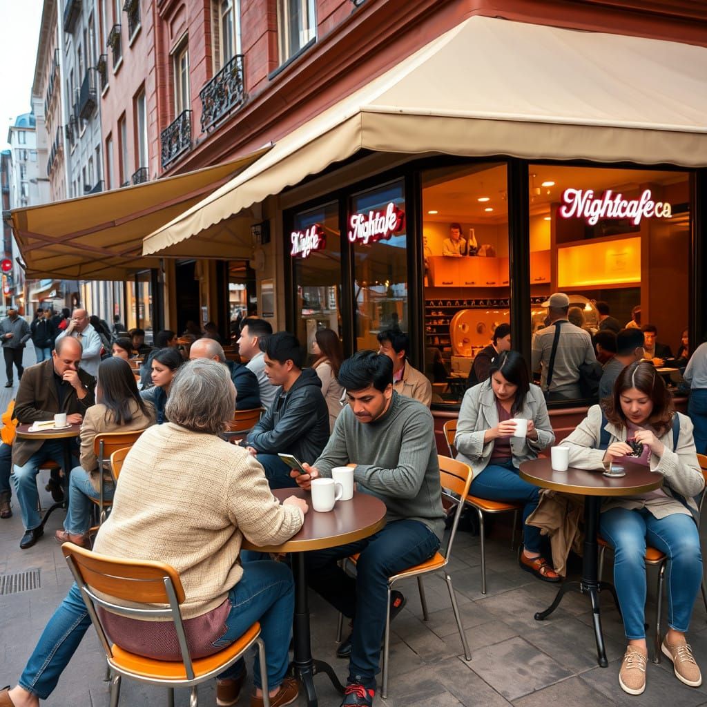 Nighttime City Street Cafe Scene with Diverse Patrons