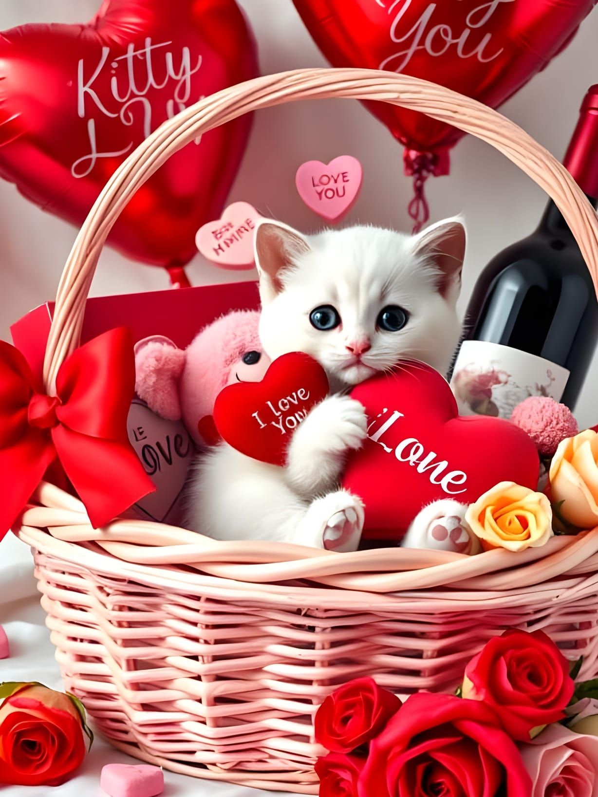 Loving Valentine's Day Gift Basket with Adorable White Kitte...