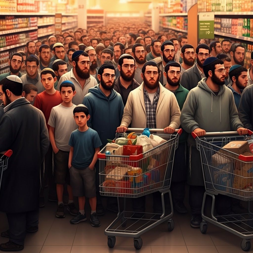 Realistic Painting of Israeli Men in Supermarket Queue