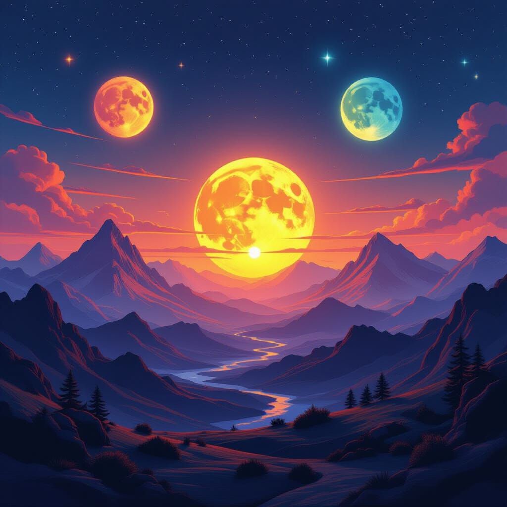 Alien Planet Sunset with Three Suns, Dreamlike Illustration