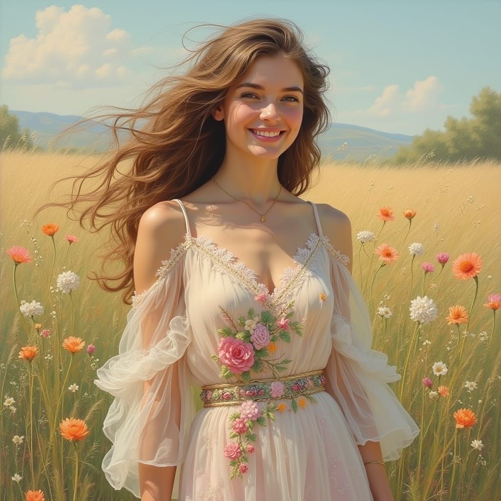 Smiling Woman in Spring Meadow, Impressionist Style