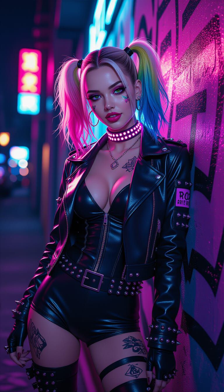 Rainbow-Haired Woman in Cyberpunk Cityscape