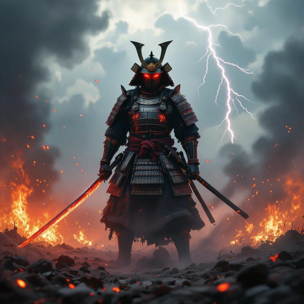 Divine Samurai God in Fiery Battlefield