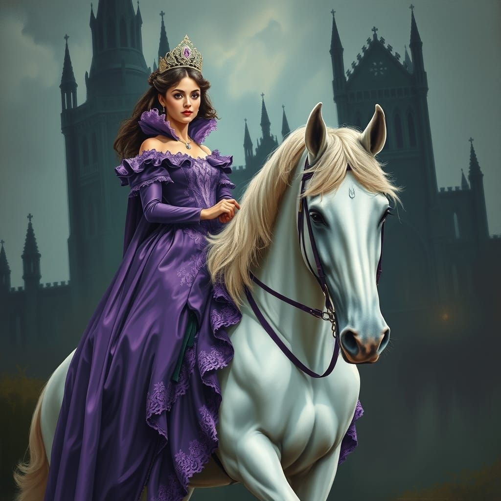 Royal Princess Rides Majestic Horse in Front of a Gothic Cas...