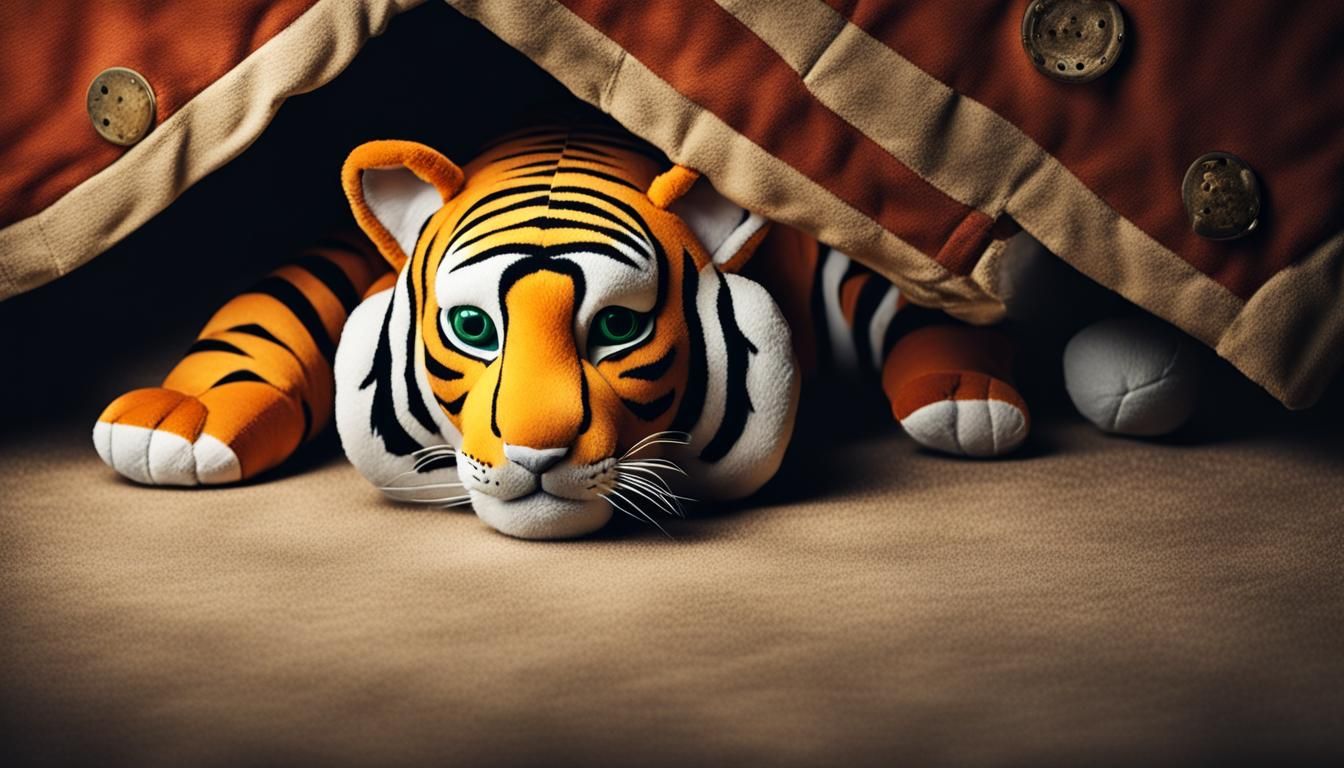 Stuffed Toy Tiger Hiding Under Bed