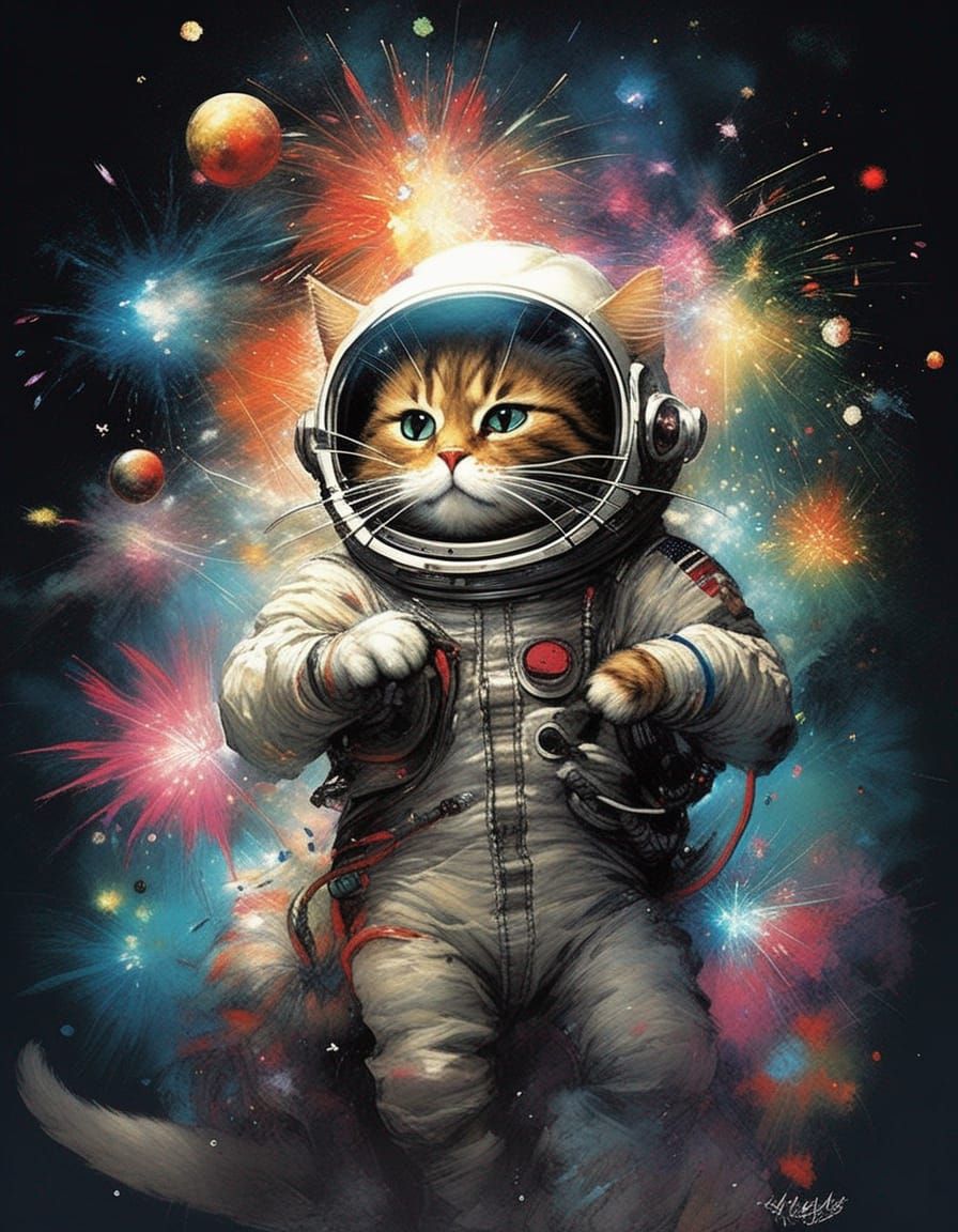 Cat Astronaut Amidst Fireworks: Hyper-Detailed Art