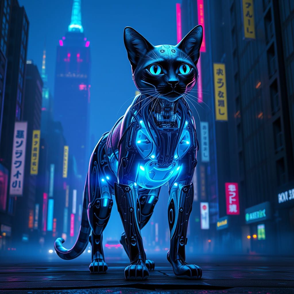 Cyborg Cat in H.R. Giger-Inspired Dystopian Cityscape