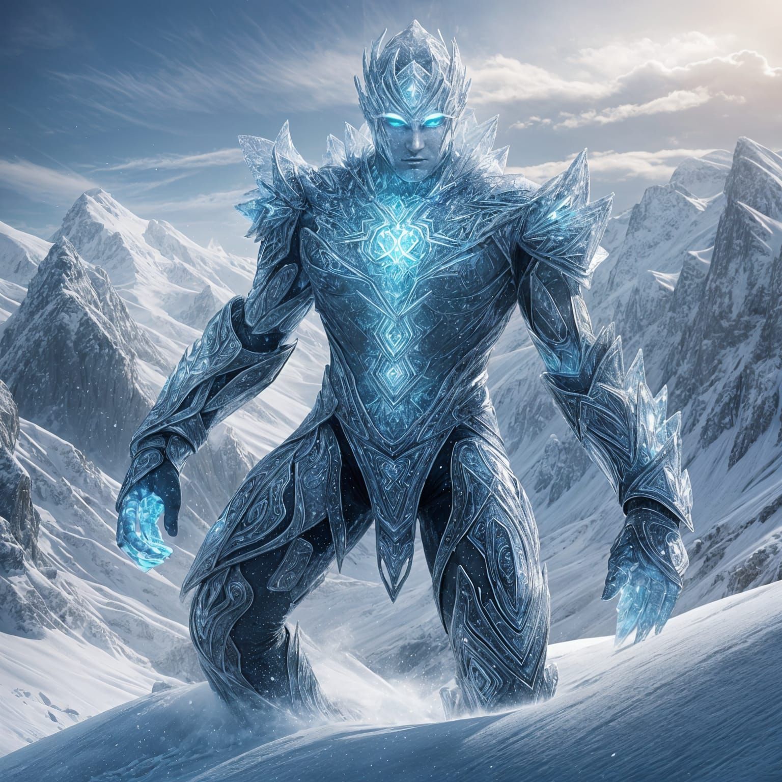 Ice Elemental on Mountain with Snowboard