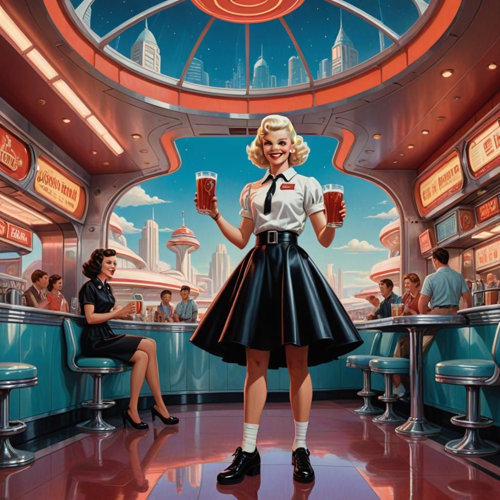 Retro-Futuristic Soda Shop Girl Holds Up Glass of Juggernog