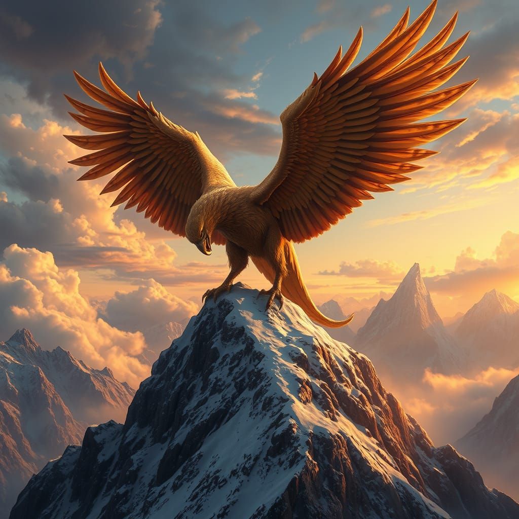 Majestic Griffin on Snow-Capped Peak in Hyperrealism