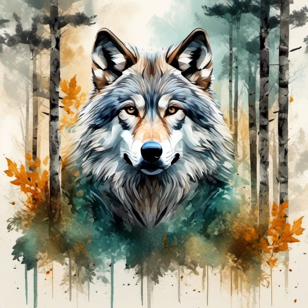 Wolf Double Exposure Splash Art in Watercolour