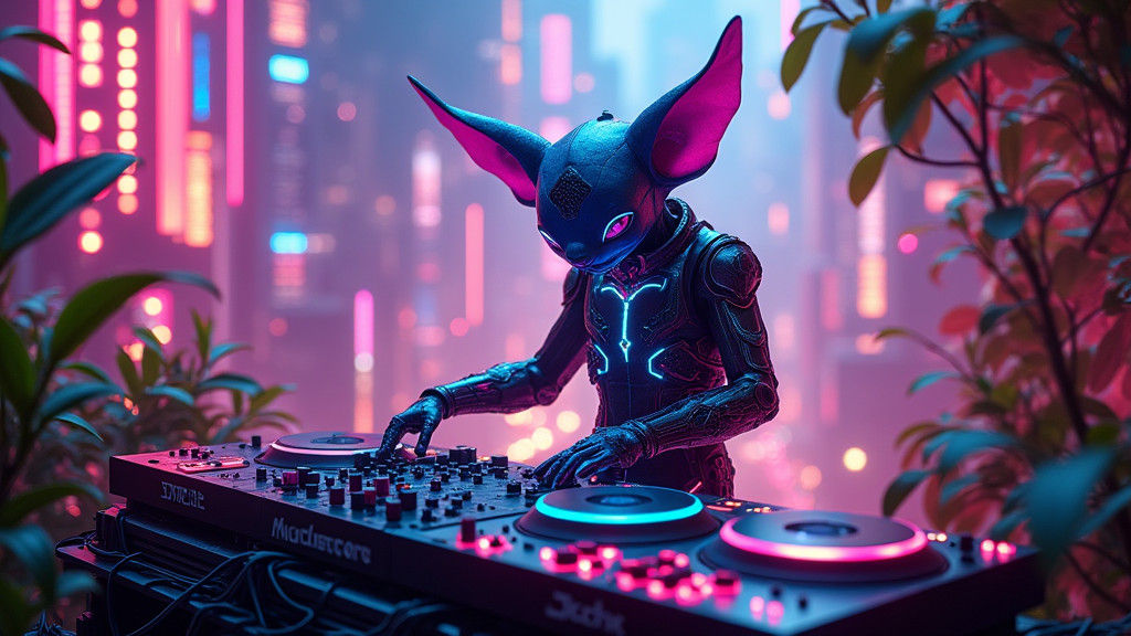 Cyberpunk DJ Spinning Beats in Neon Cityscape