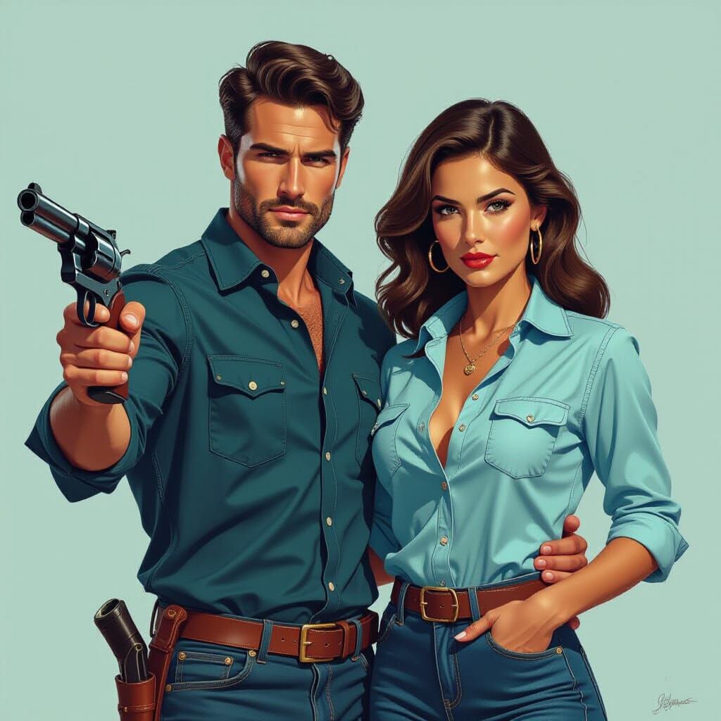Confident Couple with Revolvers in Cinematic Style
