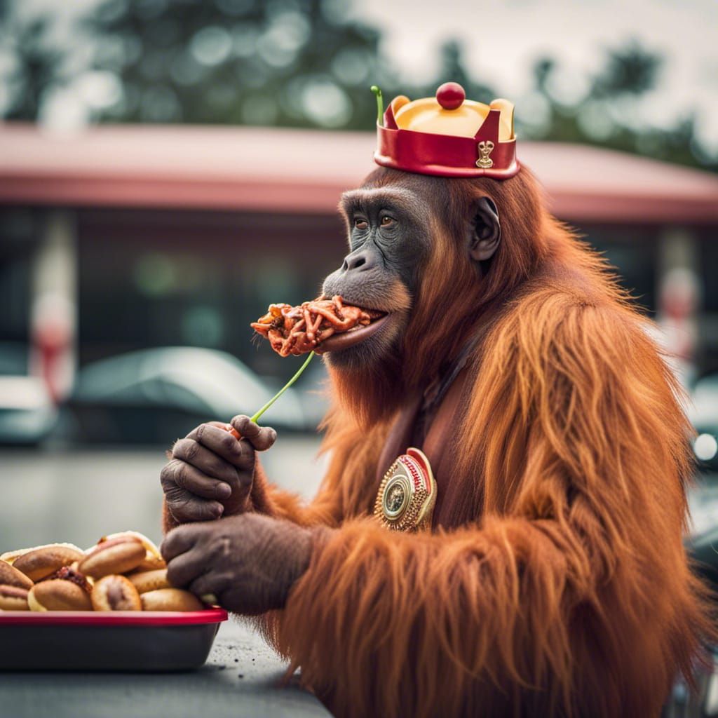An Orangutang dressed as the King of France eating a chili d...