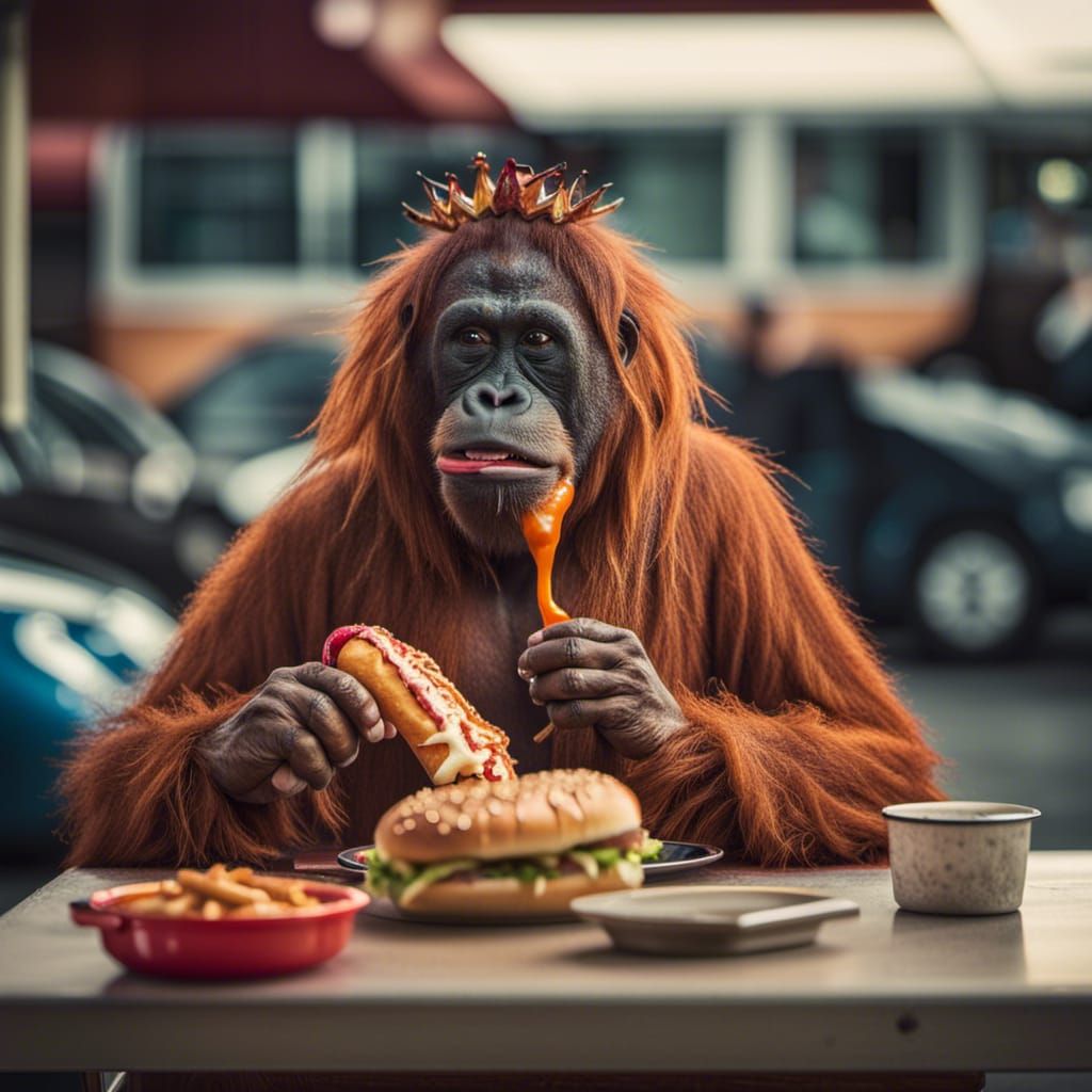 An Orangutang dressed as the King of France eating a chili d...