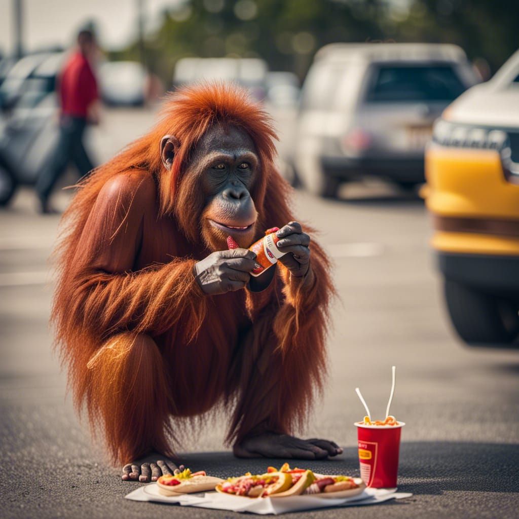 An Orangutang dressed as the King of France eating a chili d...