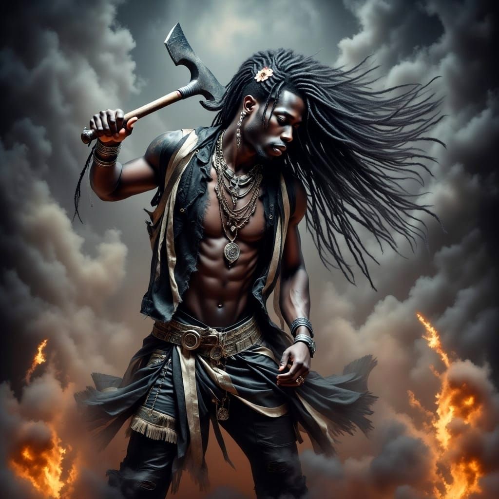 Tribal Man with Axe in Dramatic Ink Art