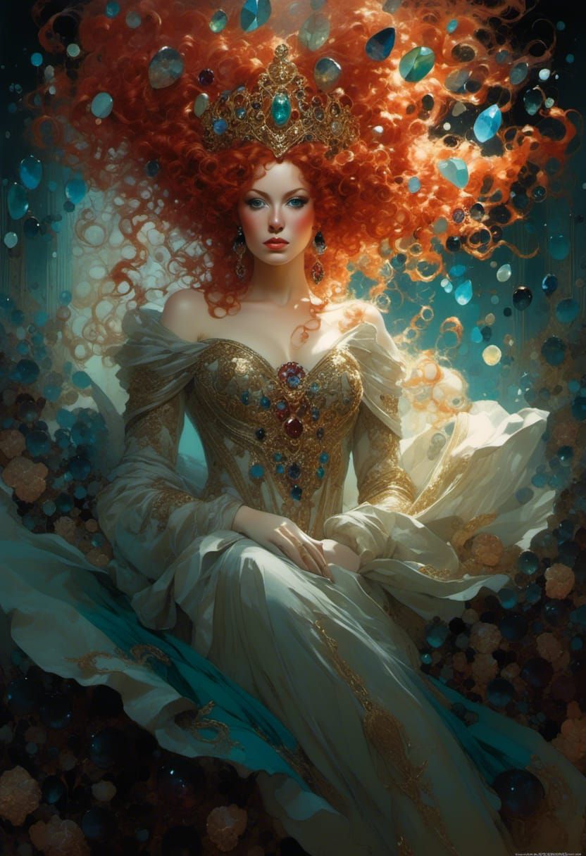Red-Haired Queen with Rainbow Gems: A Digital Masterpiece