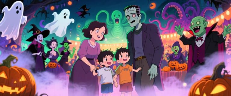 Frankenstein Family at Spooky Harvest Festival in Anime Styl...