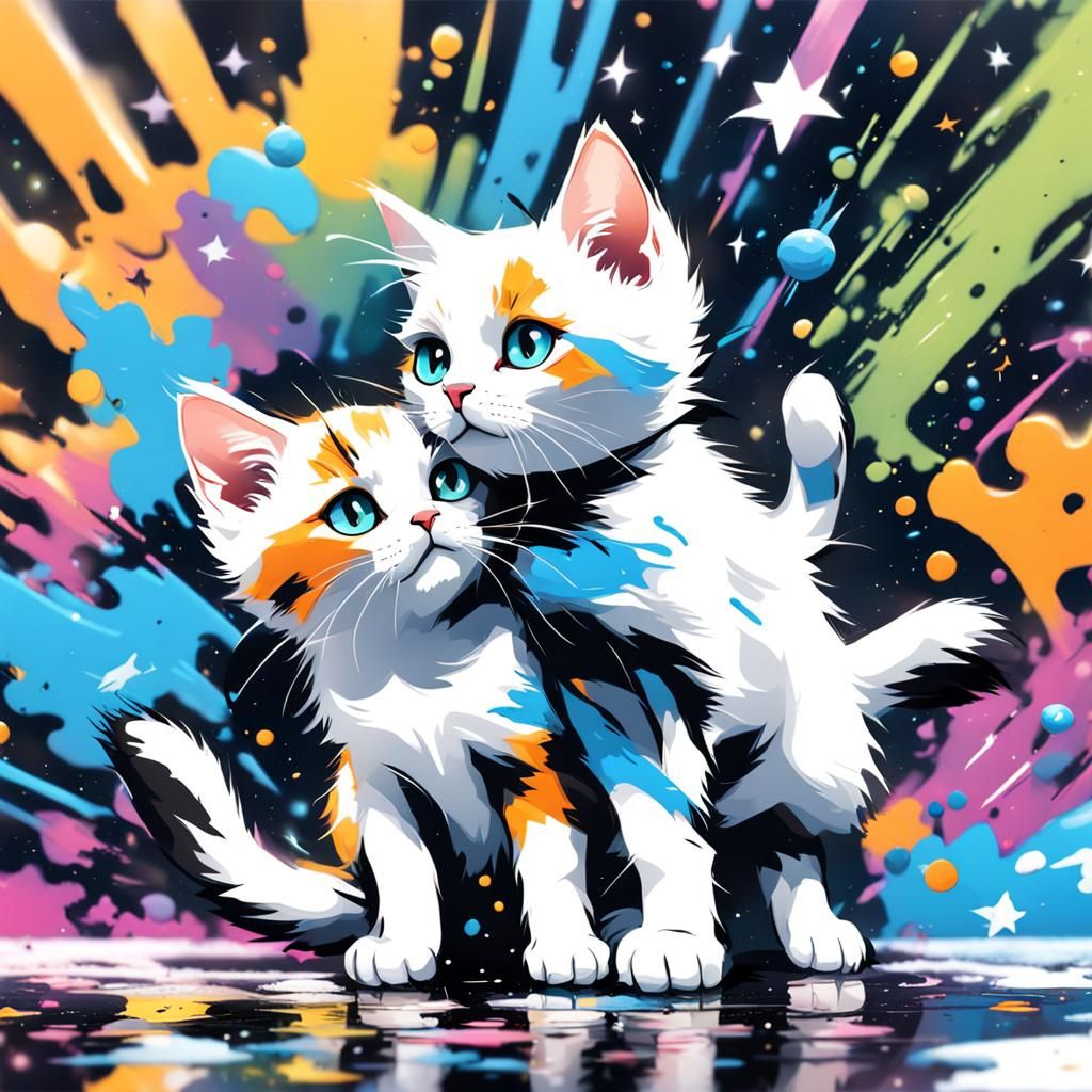 Kittens Play Among Stars in Graffiti Art Style