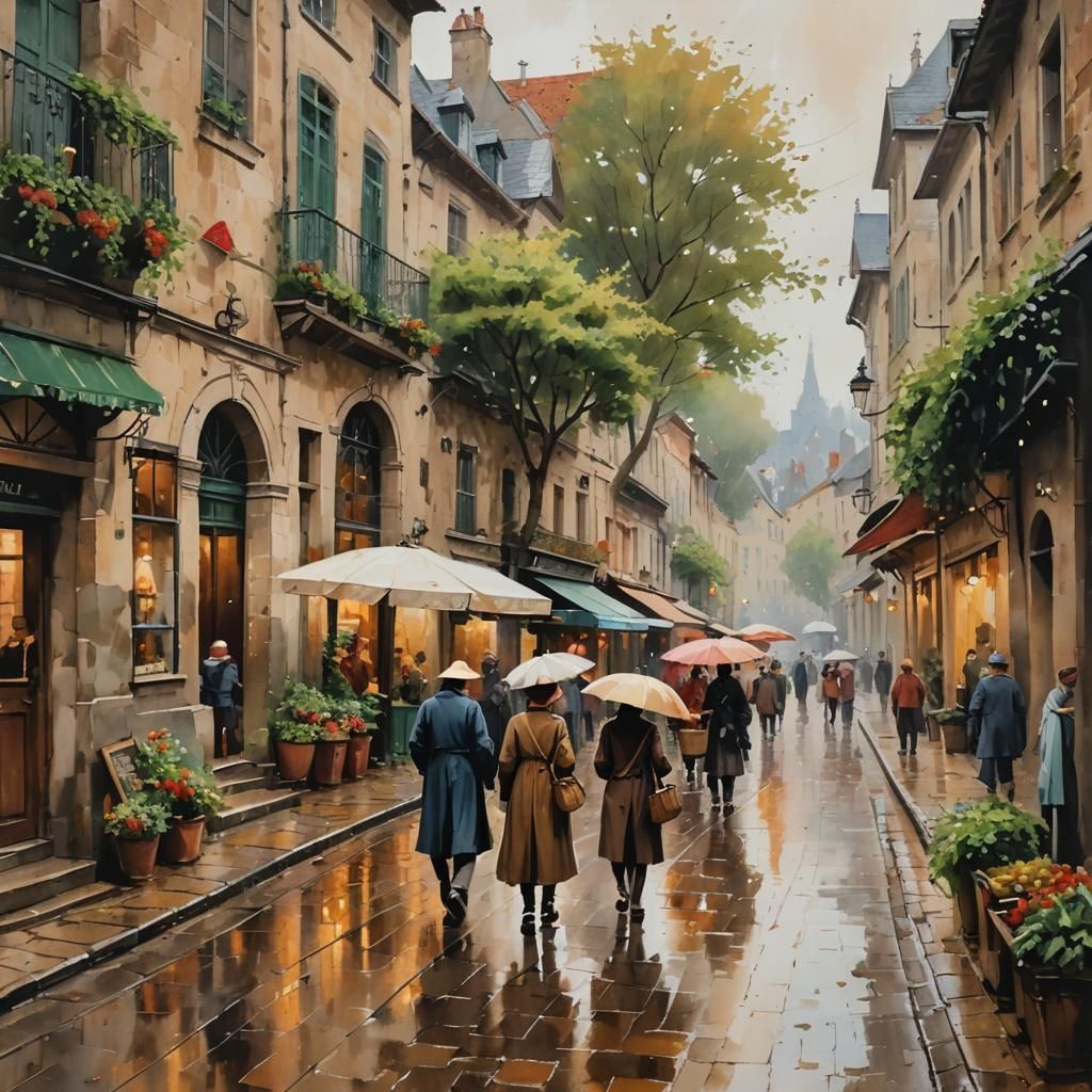 European Street Scene as Gouache Impressionist Painting