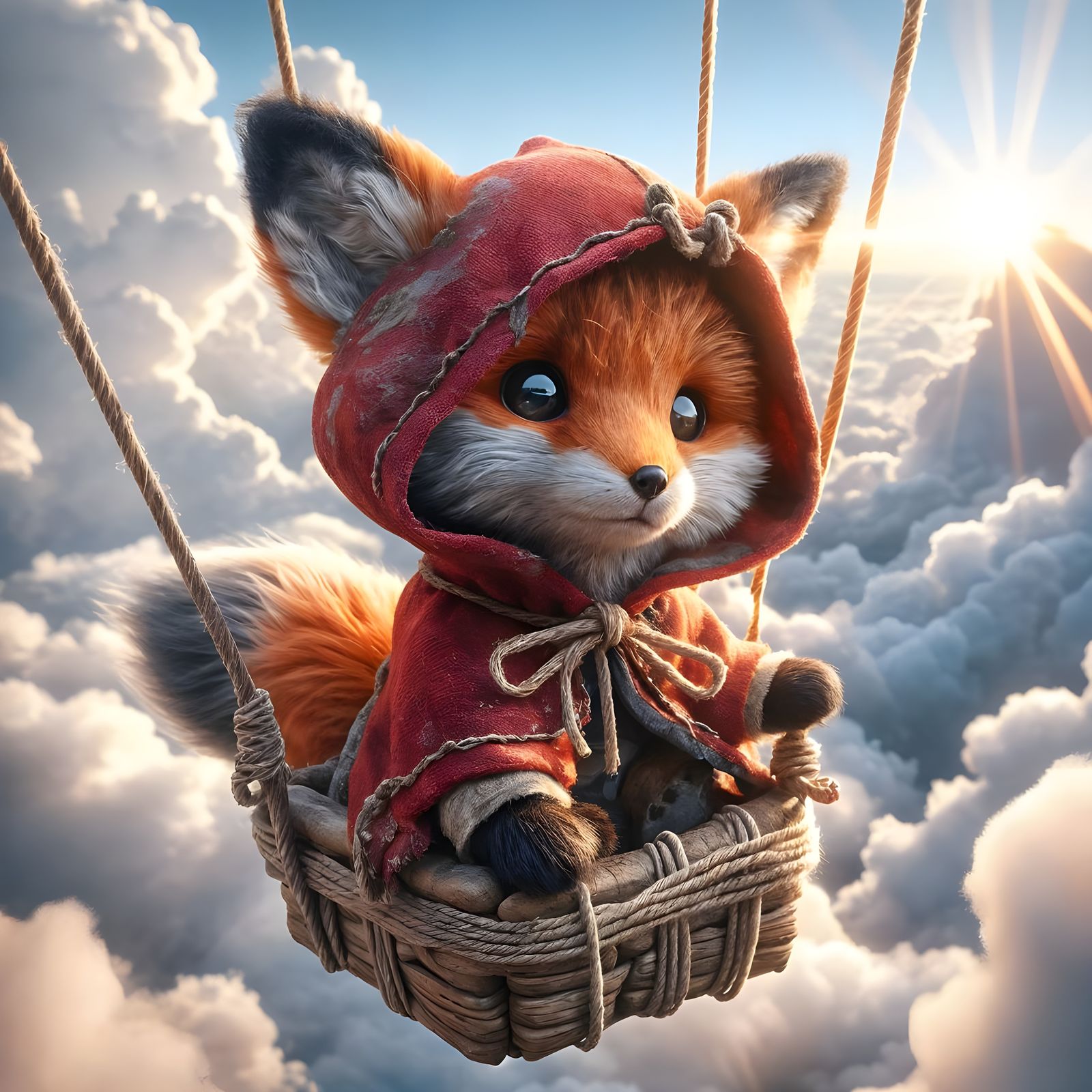 Fox in a Medieval-Style Hot Air Balloon Over a Cloudy Sky