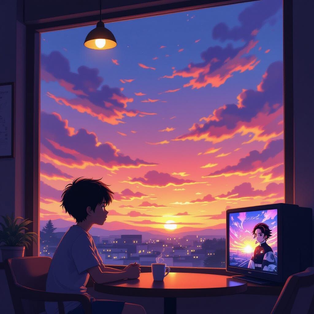 Boy Watches Demon Slayer at Sunset in Cafe