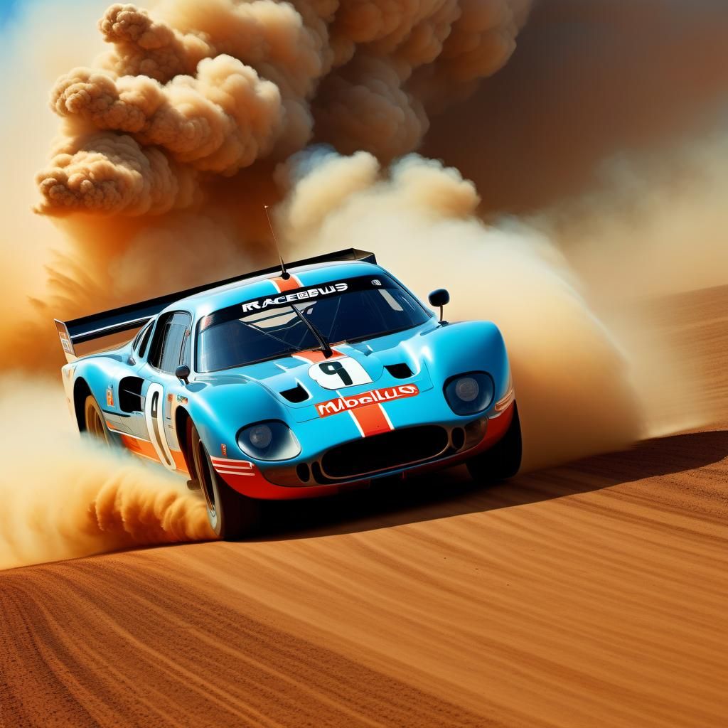 Racecar in Dust Cloud: Moebius-Style Illustration