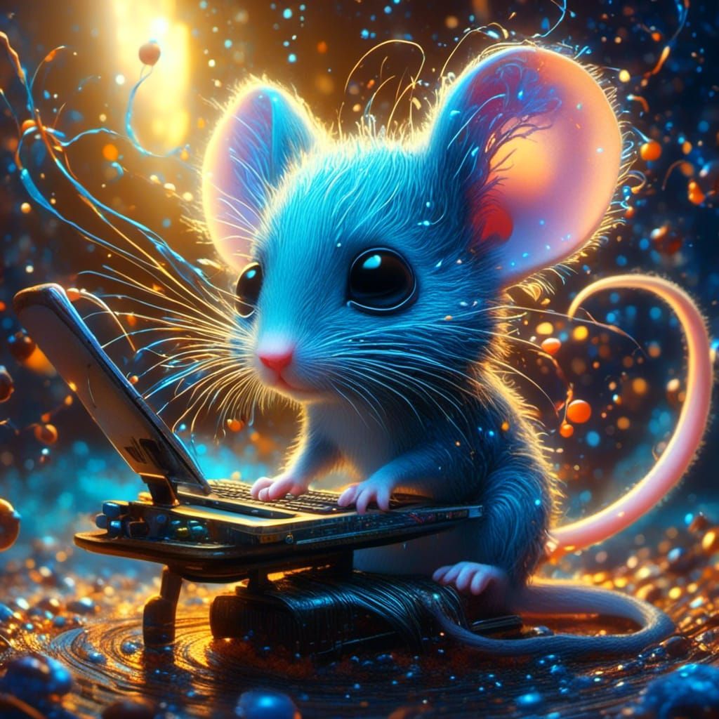 Chibified Mouse on Computer, Digital Illustration