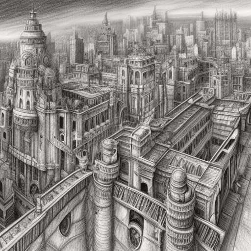Renaissance Buildings Pencil Sketch with Steampunk Engine