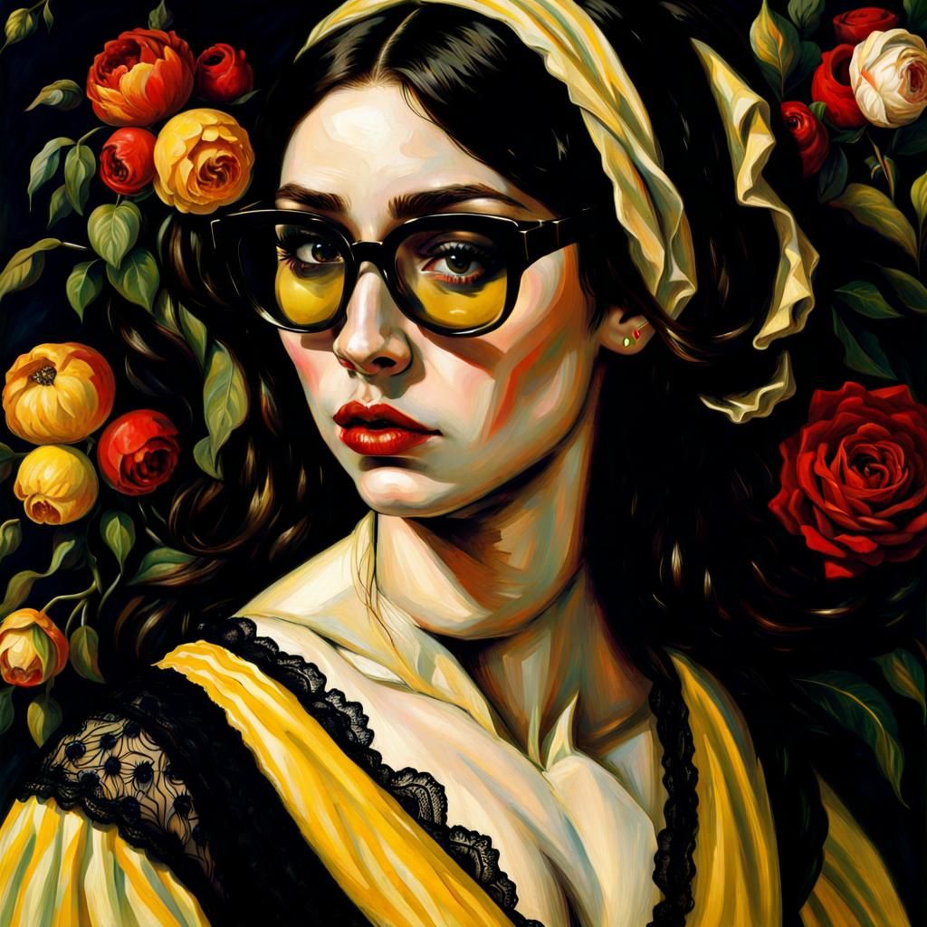 Psychedelic Woman in Yellow Lace Dress as Classic Art