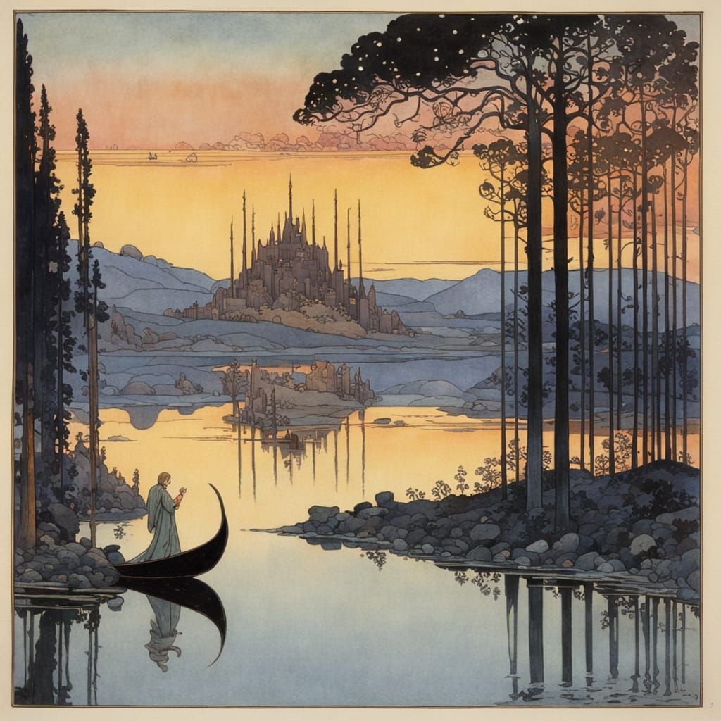 Surreal Ruined Cityscape Reflected in Sunset Lake, in Dreaml...