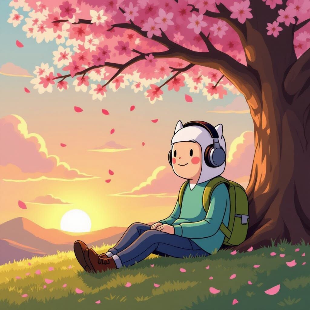 Finn from Adventure Time Under Cherry Blossoms at Sunset
