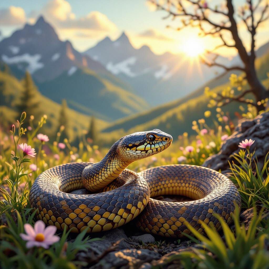 Viper Patiently Waits in Spring Landscape