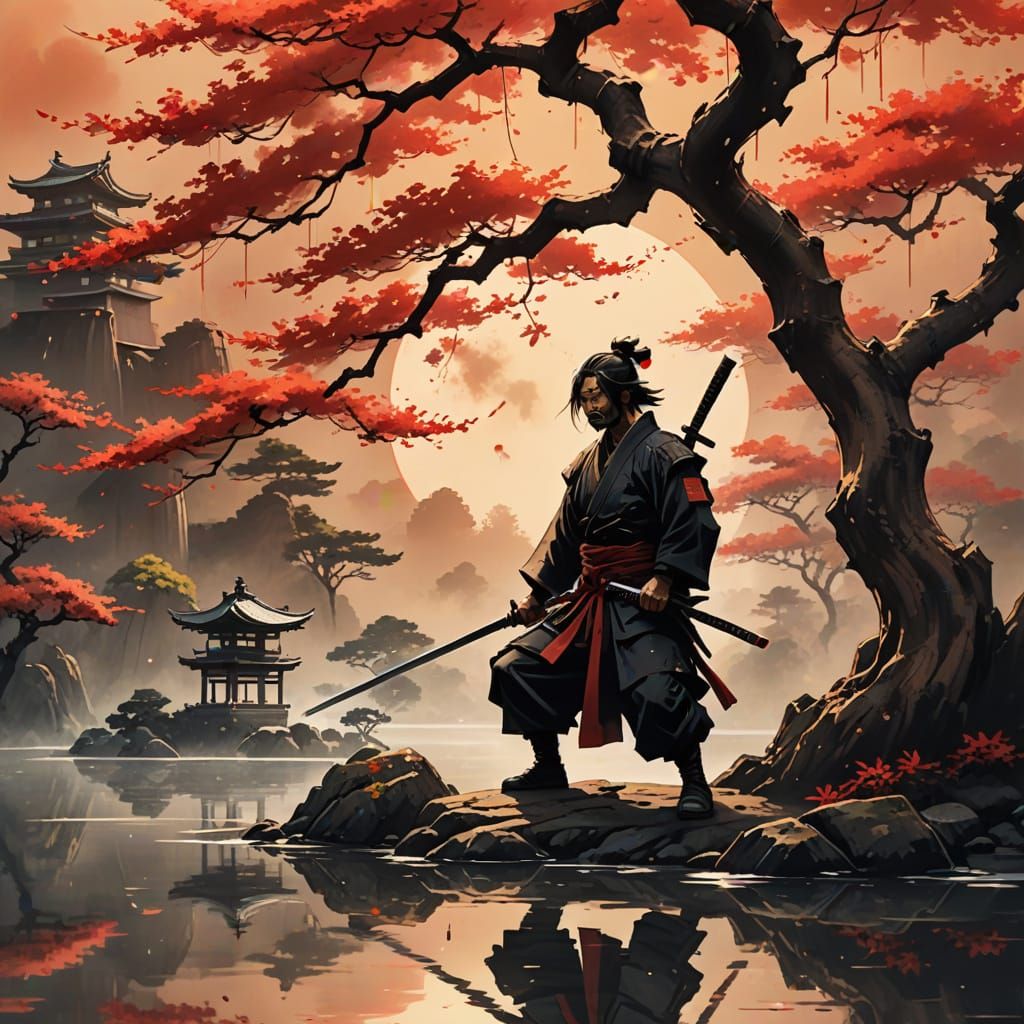 Ronin and Bonsai Tree in Japanese Ink Painting Style
